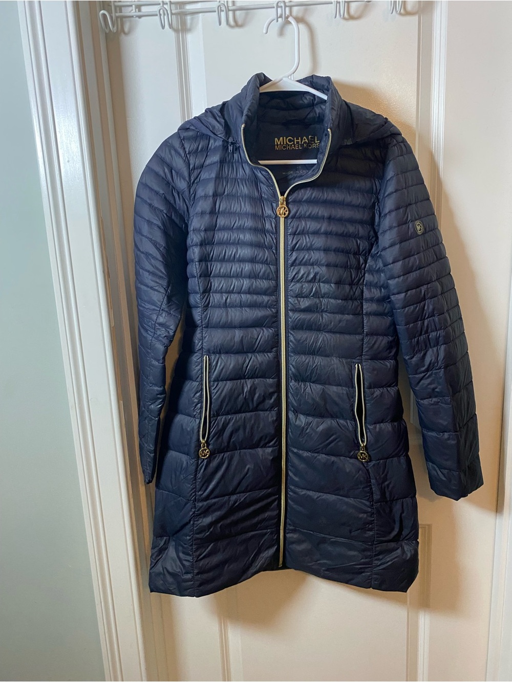 NWOT MICHAEL Michael Kors Navy Down Quilted Long Packable Puffer Coat